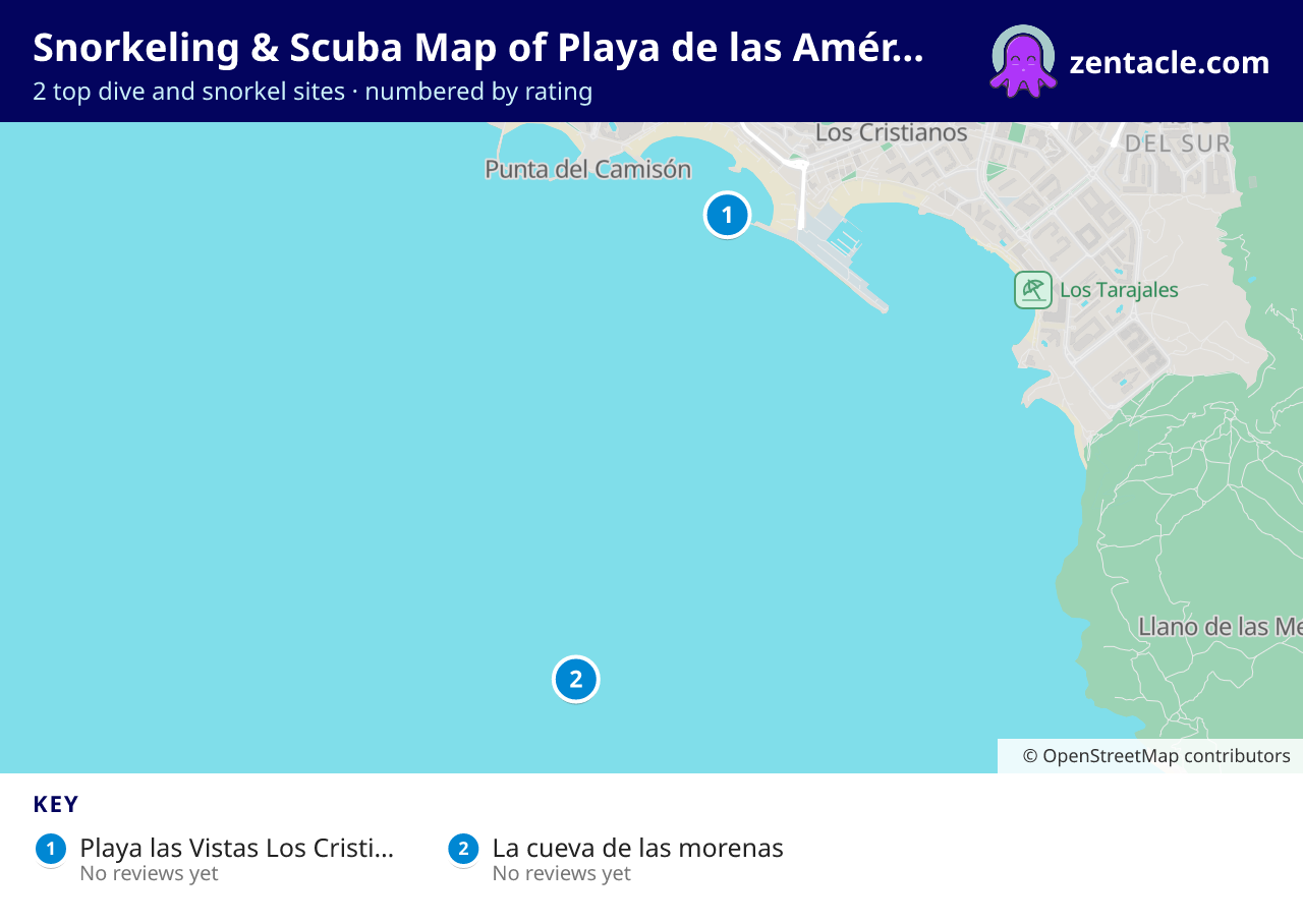 Snorkeling & Scuba Map of Playa de las Américas: numbered map of the top 2 dive and snorkel sites, with ratings
