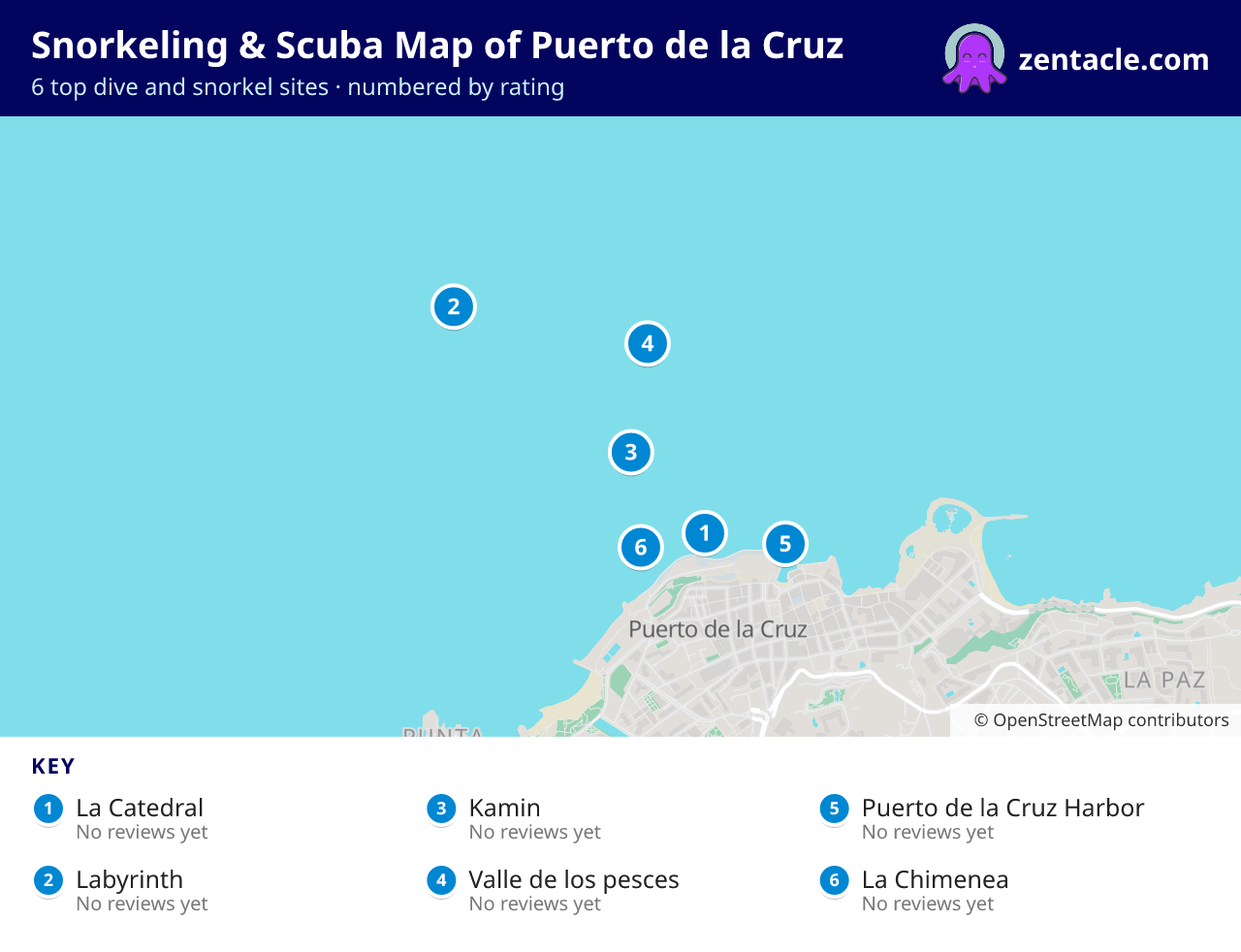 Snorkeling & Scuba Map of Puerto de la Cruz: numbered map of the top 6 dive and snorkel sites, with ratings