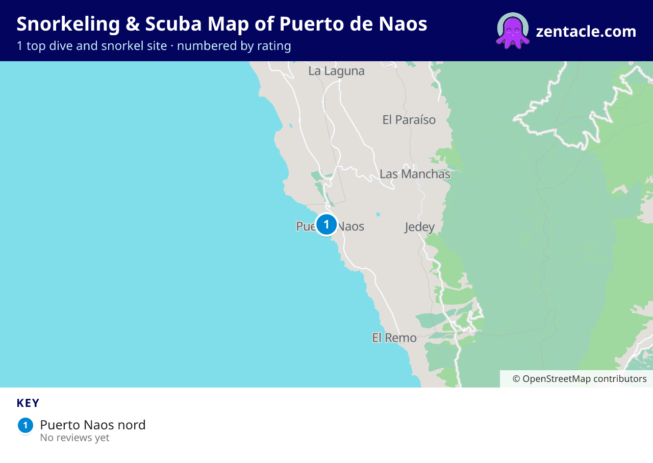Snorkeling & Scuba Map of Puerto de Naos: numbered map of the top 1 dive and snorkel sites, with ratings
