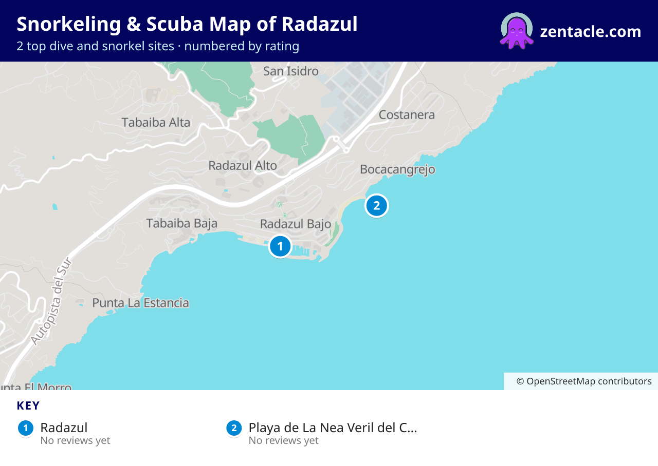 Snorkeling & Scuba Map of Radazul: numbered map of the top 2 dive and snorkel sites, with ratings