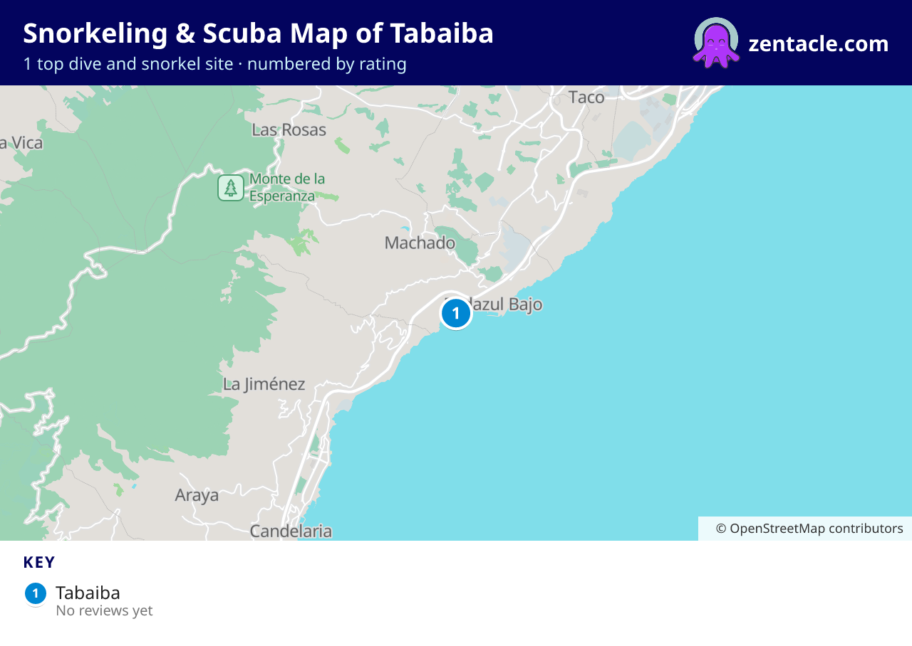 Snorkeling & Scuba Map of Tabaiba: numbered map of the top 1 dive and snorkel sites, with ratings