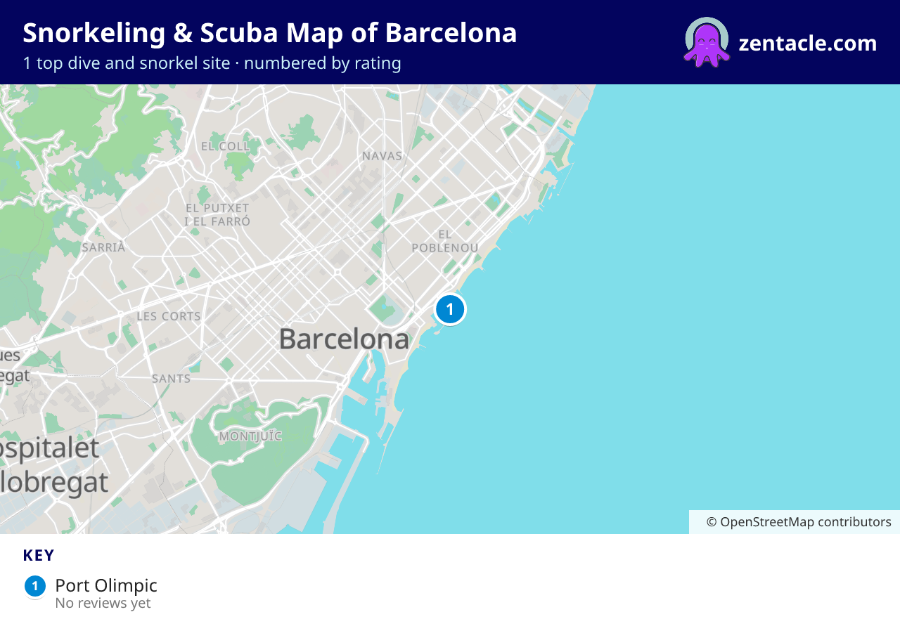Snorkeling & Scuba Map of Barcelona: numbered map of the top 1 dive and snorkel sites, with ratings