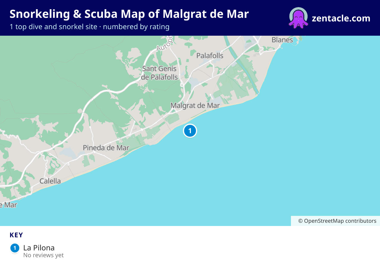Snorkeling & Scuba Map of Malgrat de Mar: numbered map of the top 1 dive and snorkel sites, with ratings