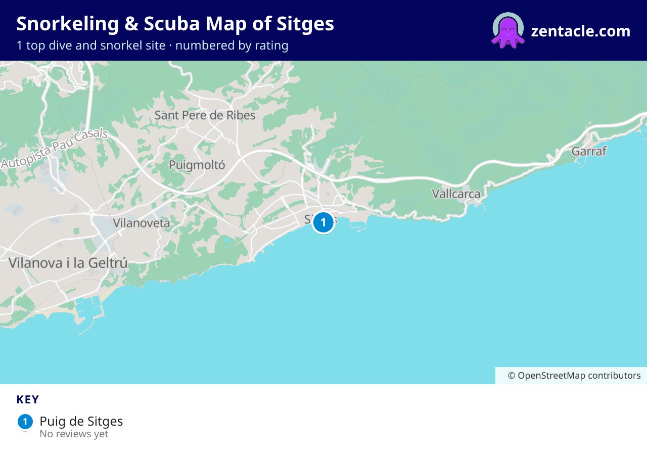 Snorkeling & Scuba Map of Sitges: numbered map of the top 1 dive and snorkel sites, with ratings