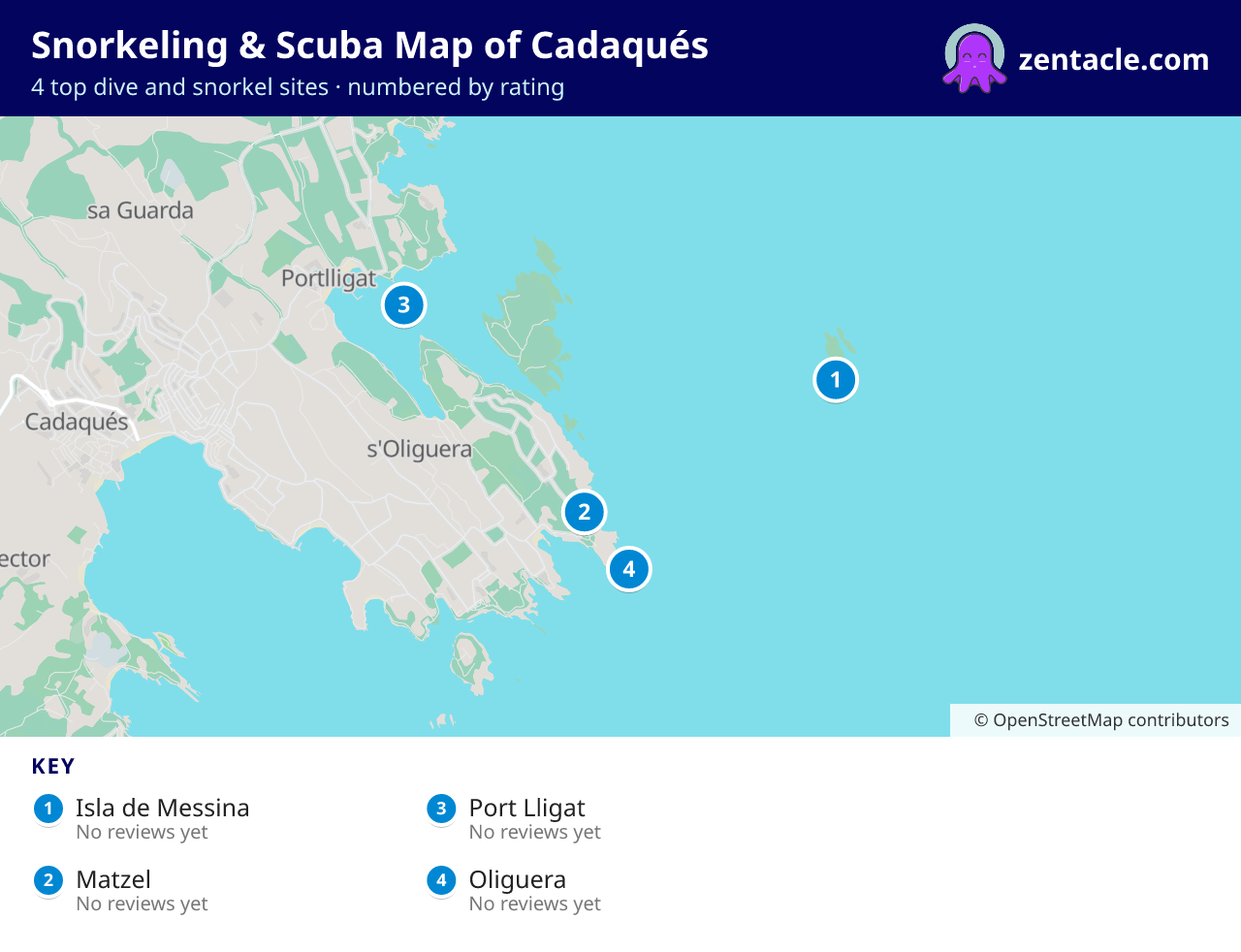 Snorkeling & Scuba Map of Cadaqués: numbered map of the top 4 dive and snorkel sites, with ratings