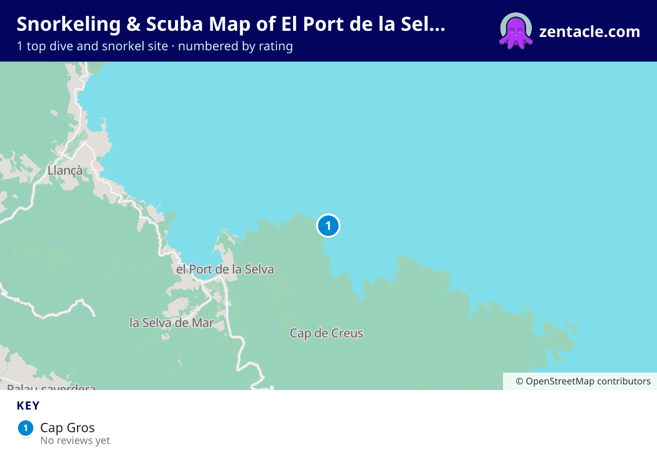 Snorkeling & Scuba Map of El Port de la Selva: numbered map of the top 1 dive and snorkel sites, with ratings