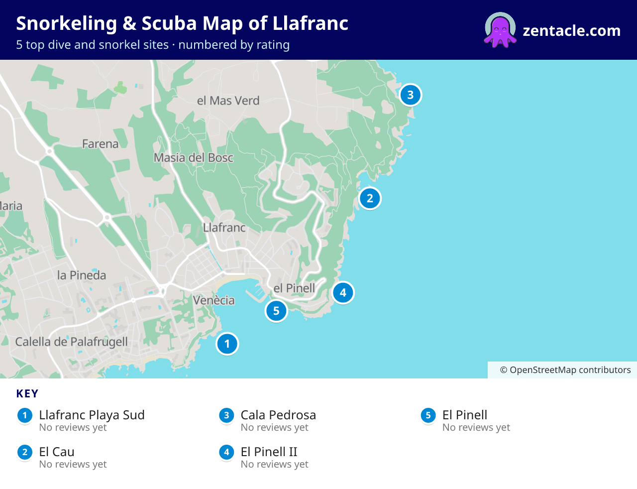 Snorkeling & Scuba Map of Llafranc: numbered map of the top 5 dive and snorkel sites, with ratings