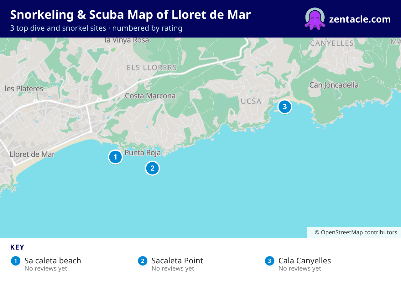 Snorkeling & Scuba Map of Lloret de Mar: numbered map of the top 3 dive and snorkel sites, with ratings