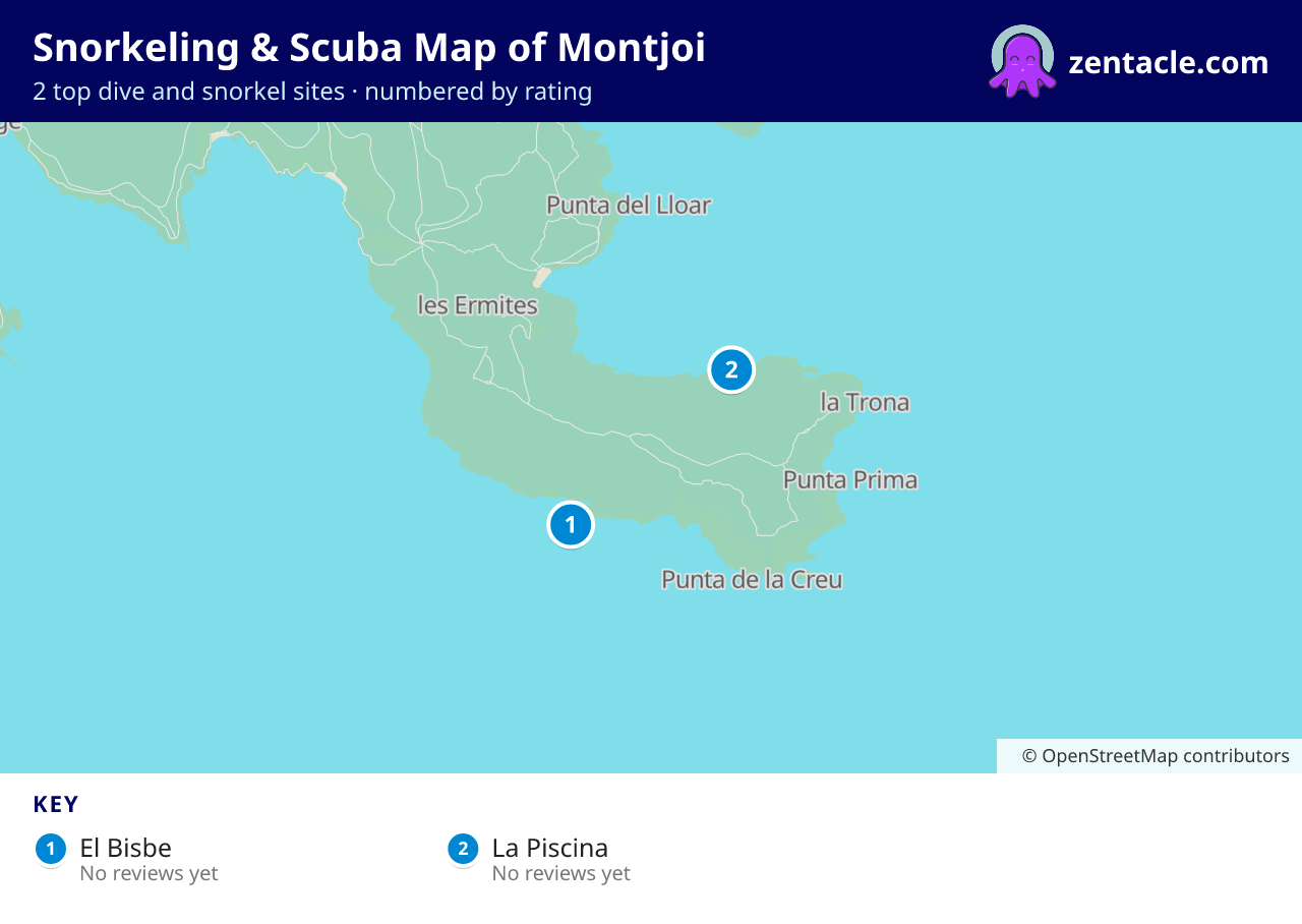 Snorkeling & Scuba Map of Montjoi: numbered map of the top 2 dive and snorkel sites, with ratings