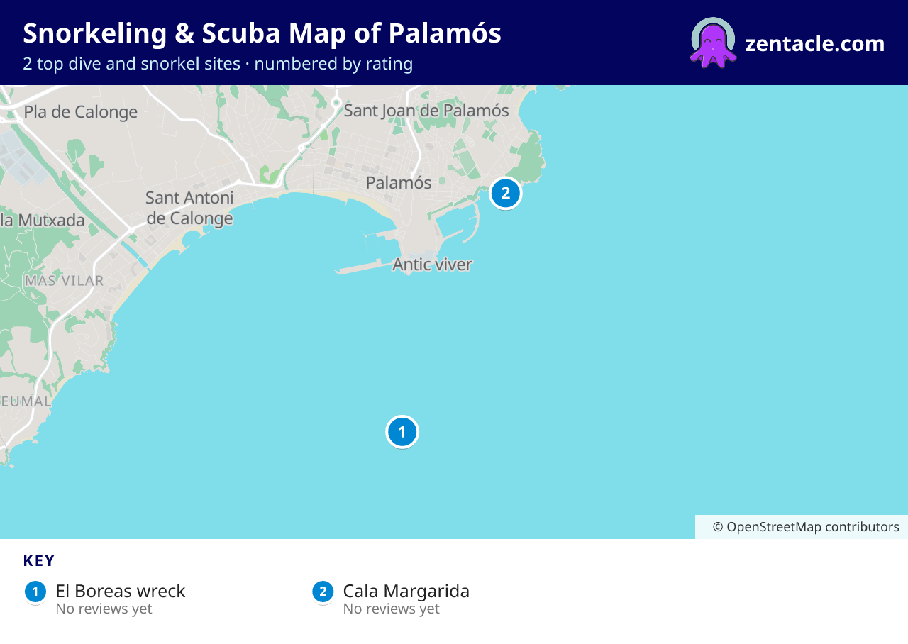 Snorkeling & Scuba Map of Palamós: numbered map of the top 2 dive and snorkel sites, with ratings