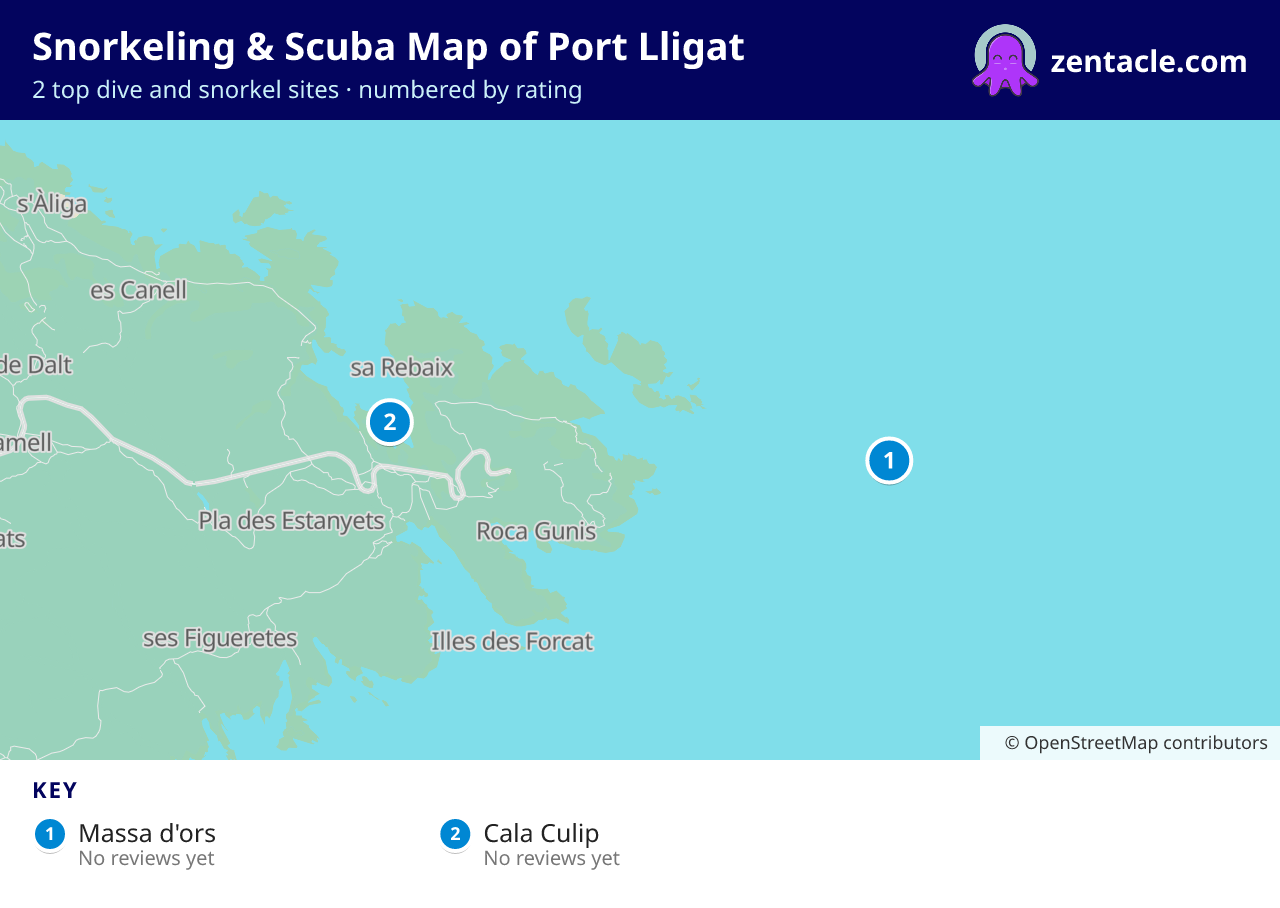 Snorkeling & Scuba Map of Port Lligat: numbered map of the top 2 dive and snorkel sites, with ratings