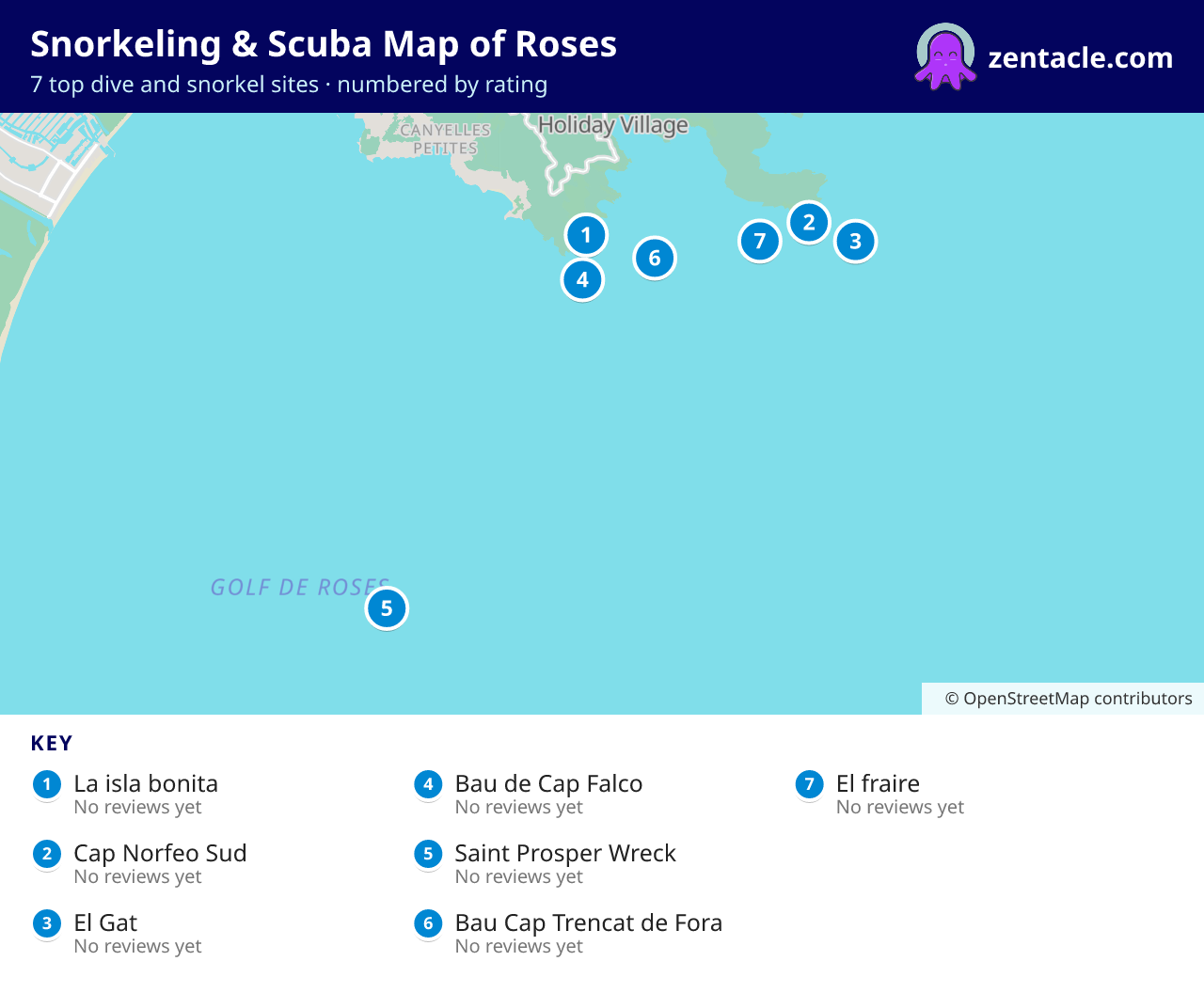 Snorkeling & Scuba Map of Roses: numbered map of the top 7 dive and snorkel sites, with ratings