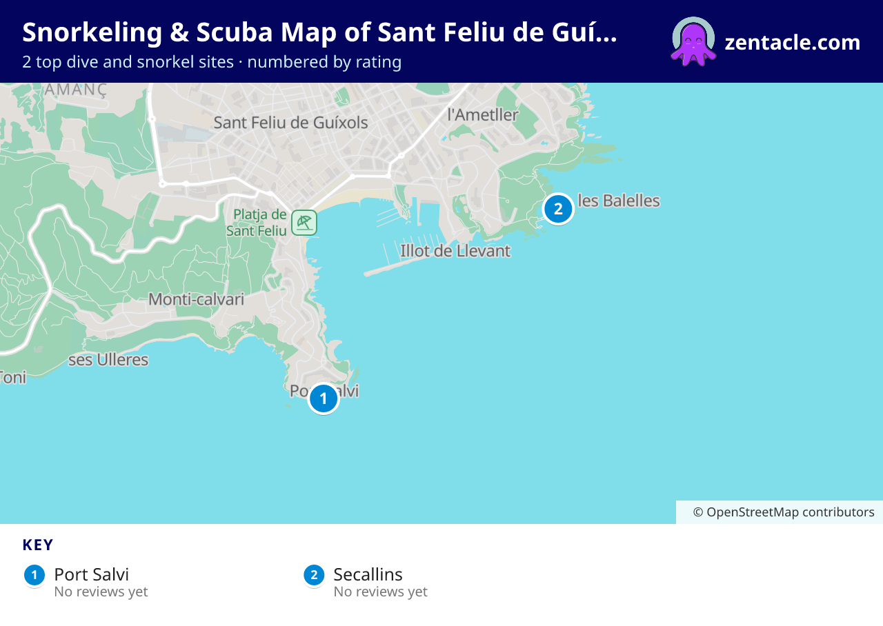 Snorkeling & Scuba Map of Sant Feliu de Guíxols: numbered map of the top 2 dive and snorkel sites, with ratings