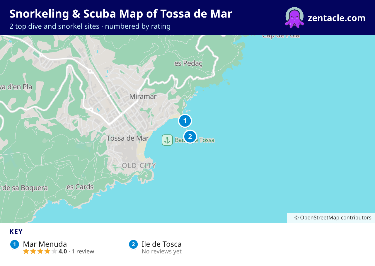 Snorkeling & Scuba Map of Tossa de Mar: numbered map of the top 2 dive and snorkel sites, with ratings