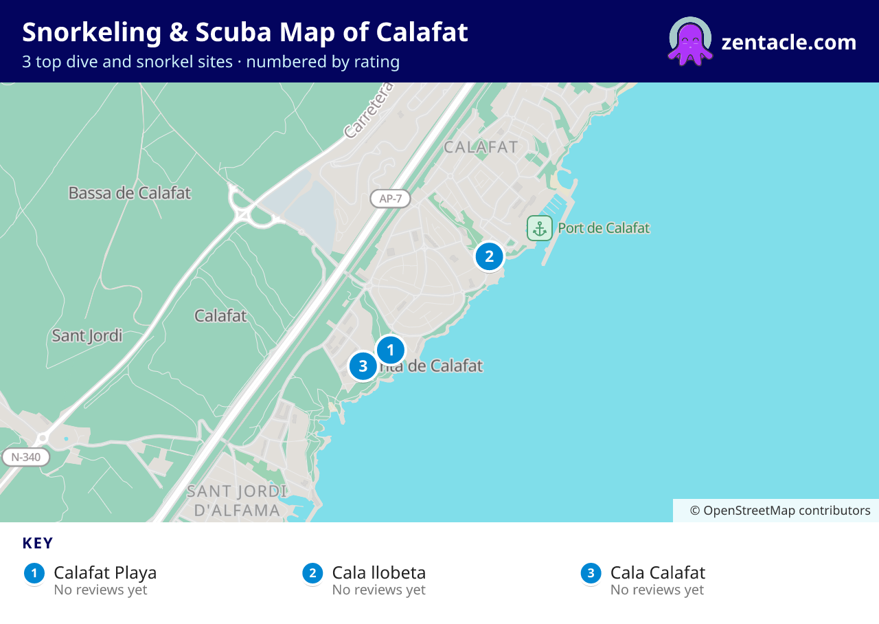 Snorkeling & Scuba Map of Calafat: numbered map of the top 3 dive and snorkel sites, with ratings