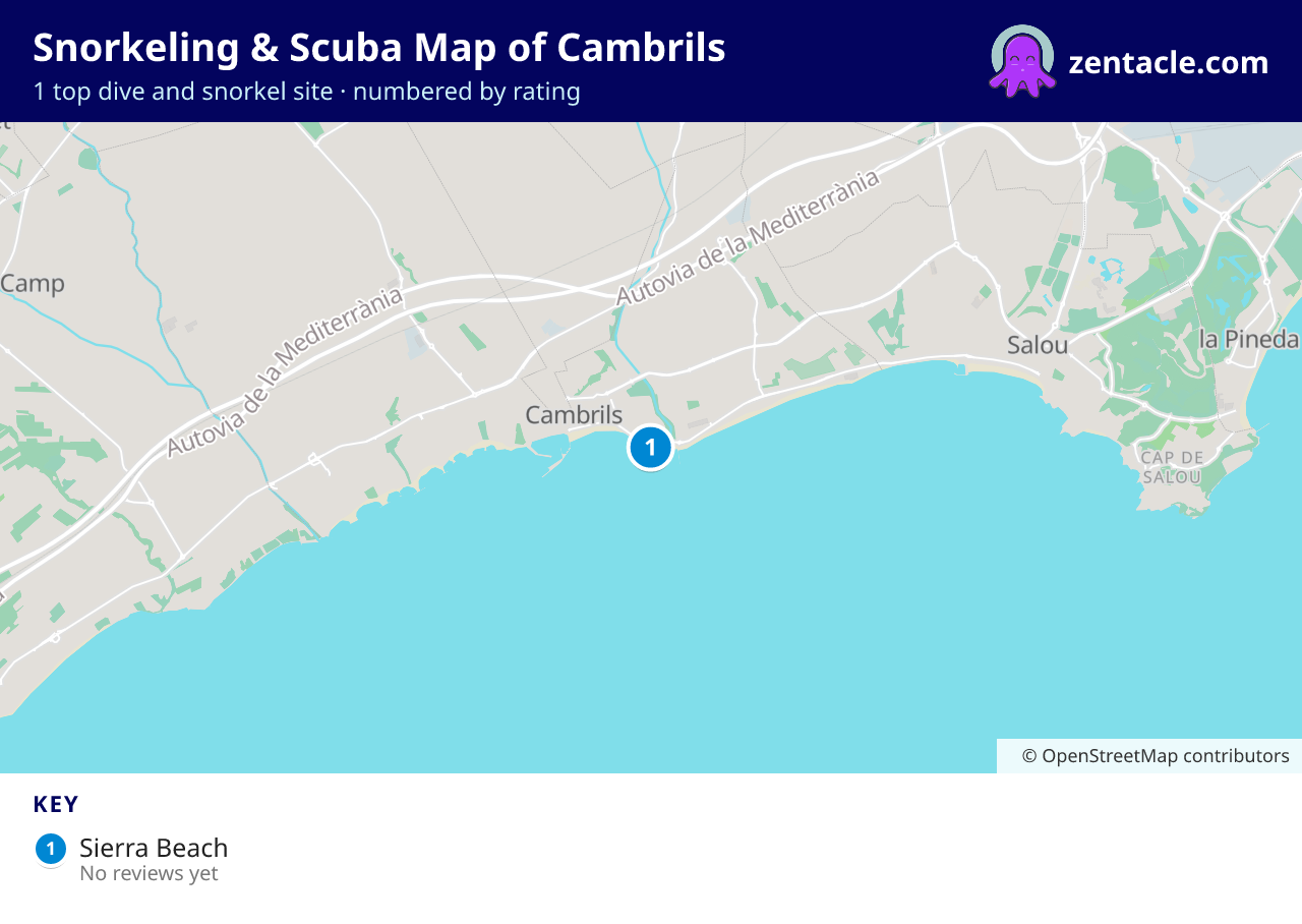 Snorkeling & Scuba Map of Cambrils: numbered map of the top 1 dive and snorkel sites, with ratings
