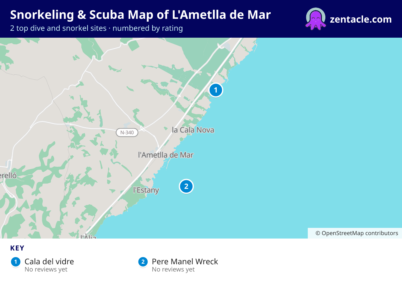 Snorkeling & Scuba Map of L'Ametlla de Mar: numbered map of the top 2 dive and snorkel sites, with ratings