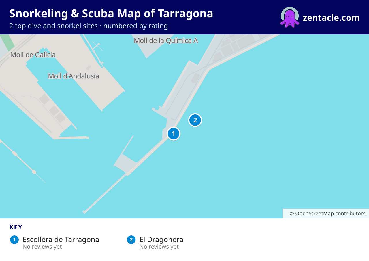 Snorkeling & Scuba Map of Tarragona: numbered map of the top 2 dive and snorkel sites, with ratings