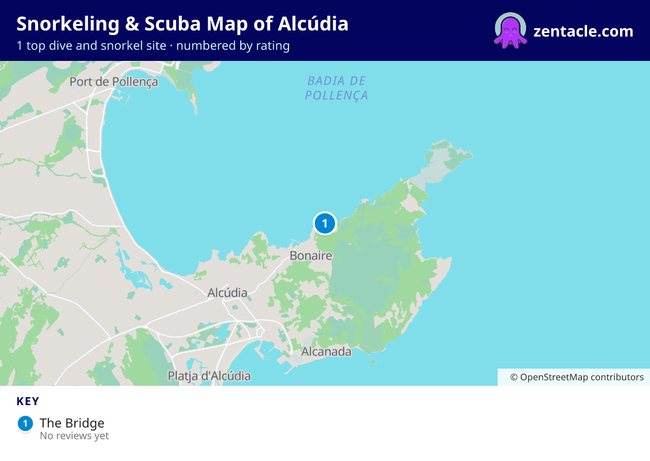 Snorkeling & Scuba Map of Alcúdia: numbered map of the top 1 dive and snorkel sites, with ratings