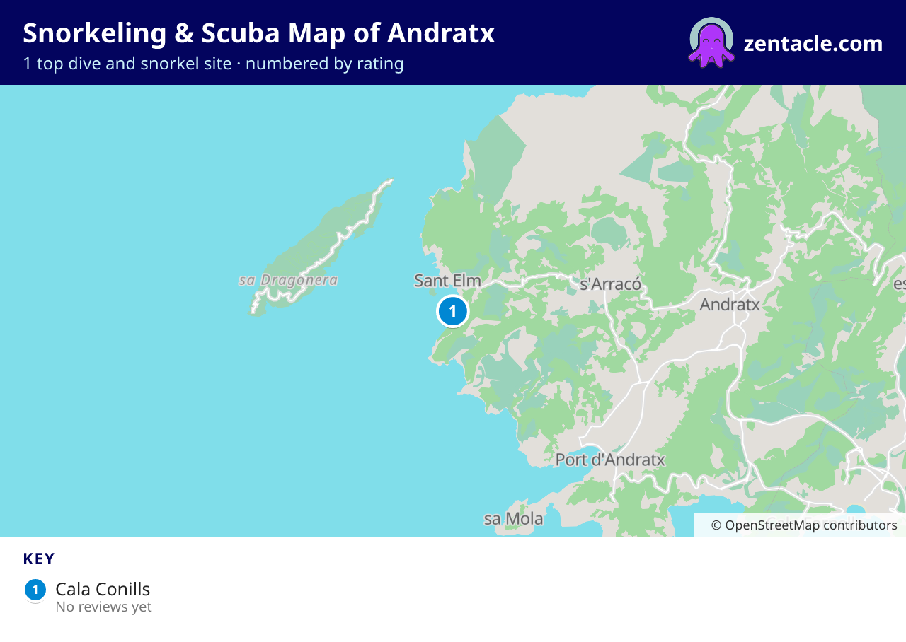 Snorkeling & Scuba Map of Andratx: numbered map of the top 1 dive and snorkel sites, with ratings