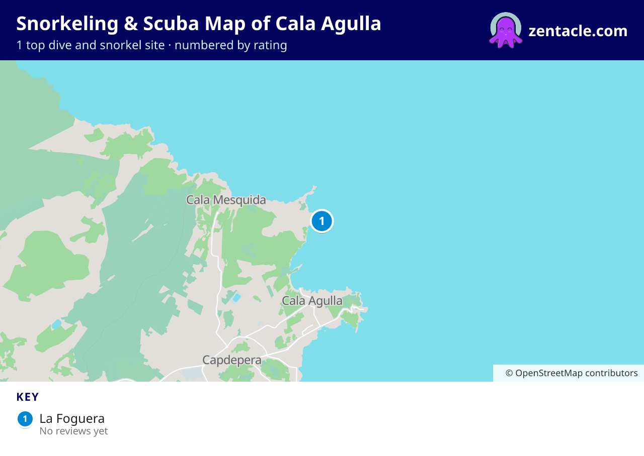 Snorkeling & Scuba Map of Cala Agulla: numbered map of the top 1 dive and snorkel sites, with ratings