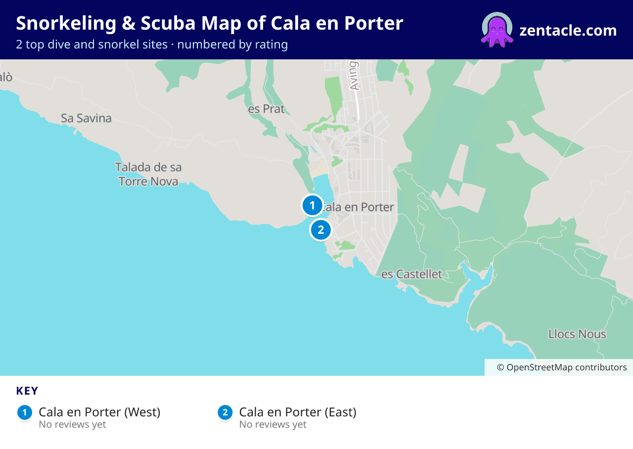 Snorkeling & Scuba Map of Cala en Porter: numbered map of the top 2 dive and snorkel sites, with ratings