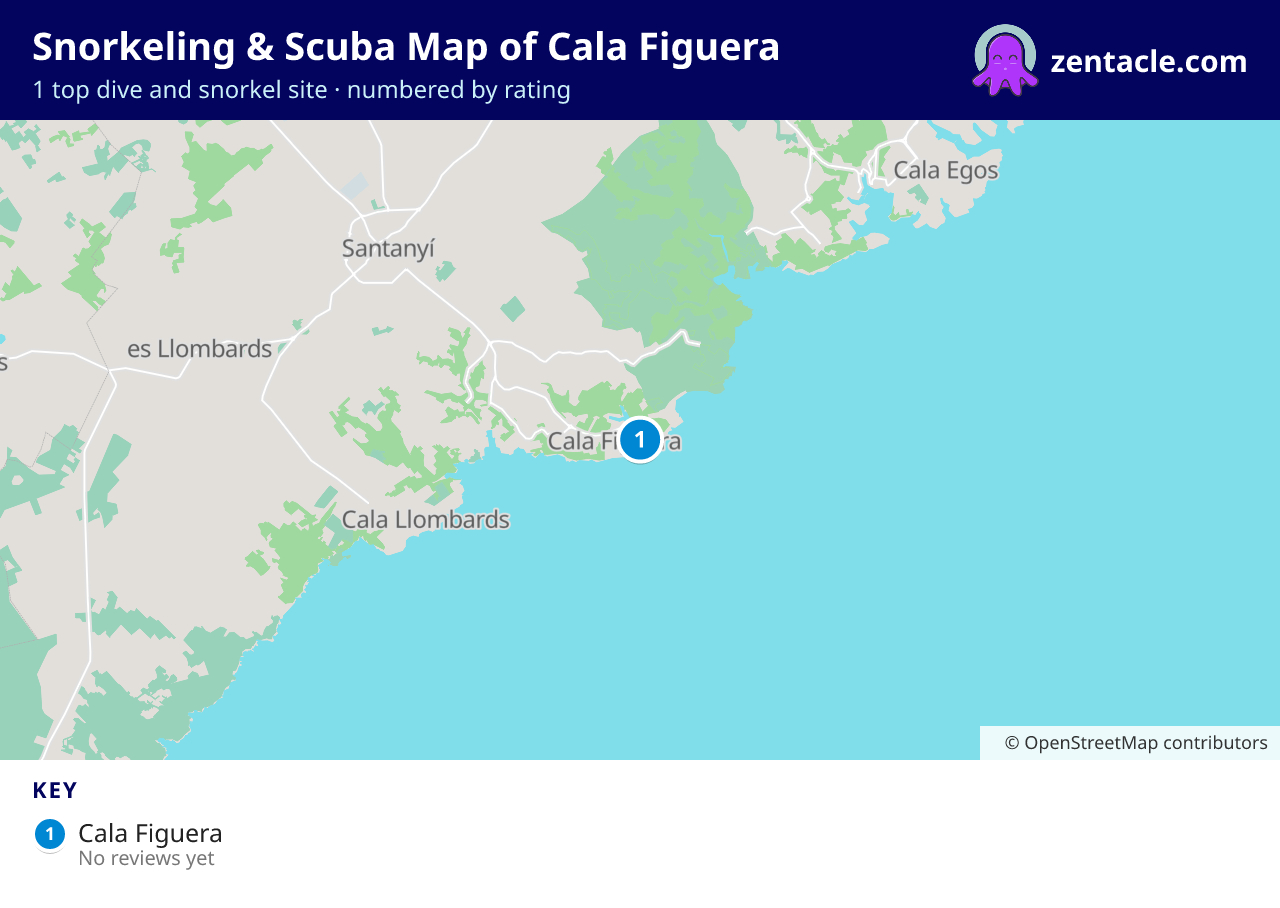 Snorkeling & Scuba Map of Cala Figuera: numbered map of the top 1 dive and snorkel sites, with ratings