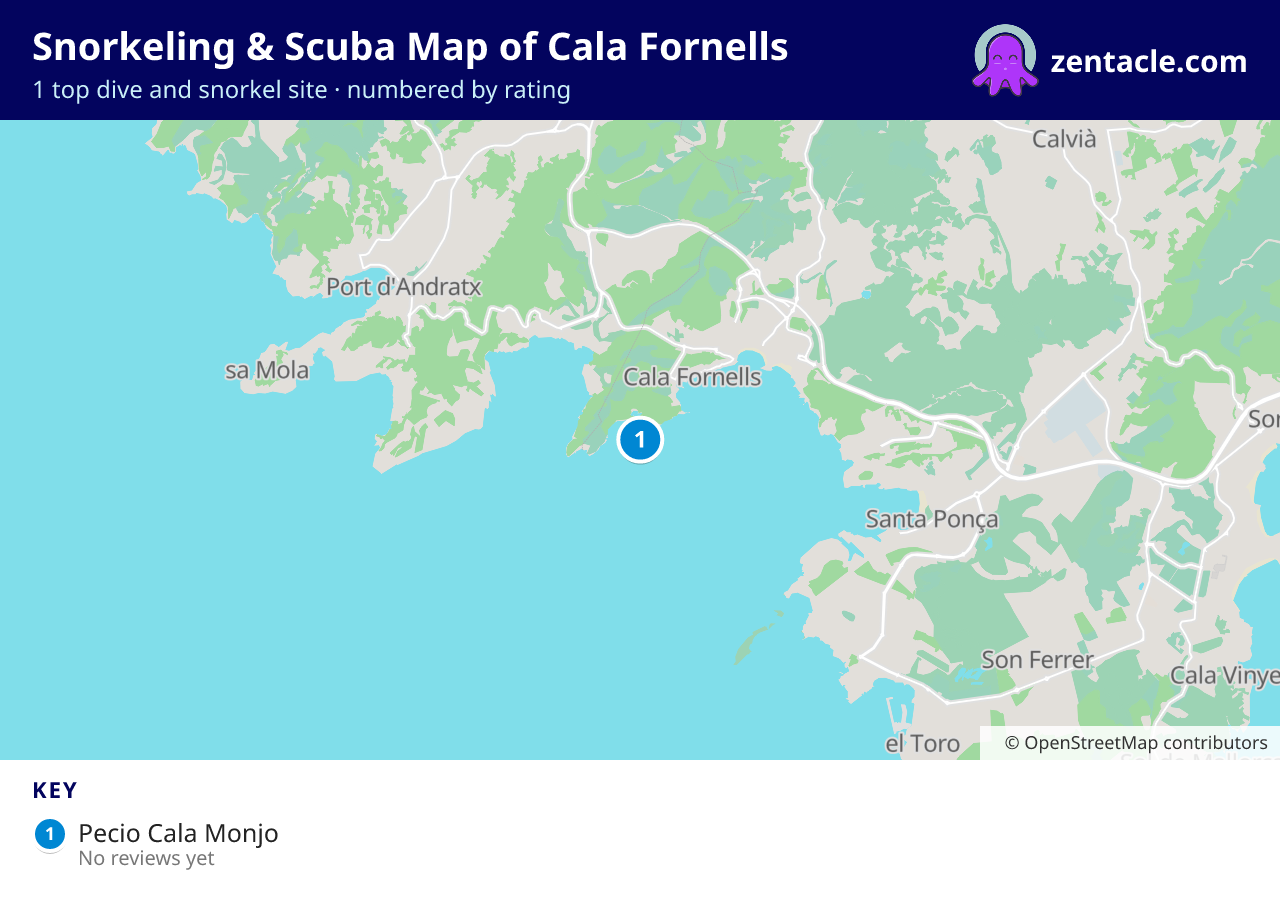 Snorkeling & Scuba Map of Cala Fornells: numbered map of the top 1 dive and snorkel sites, with ratings