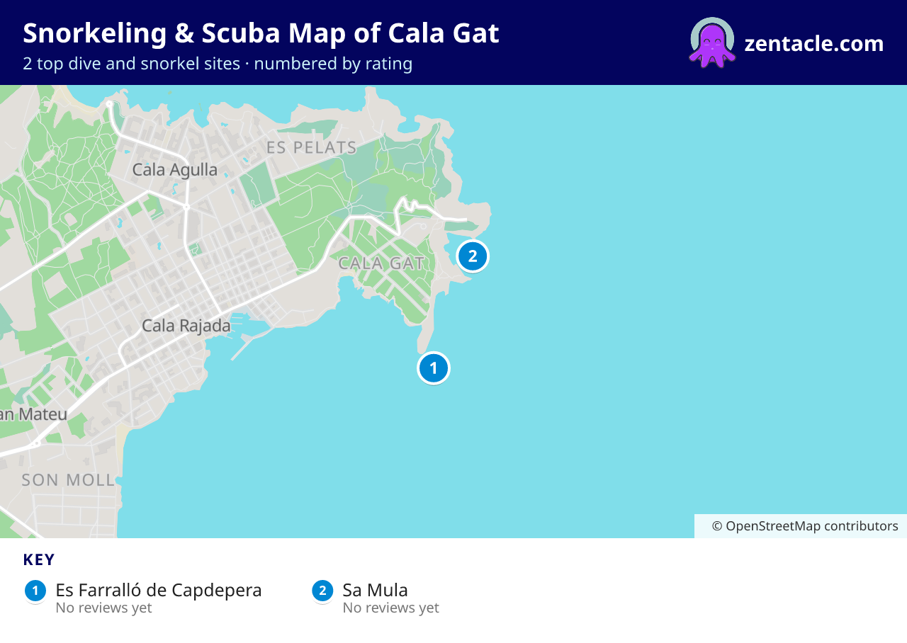 Snorkeling & Scuba Map of Cala Gat: numbered map of the top 2 dive and snorkel sites, with ratings