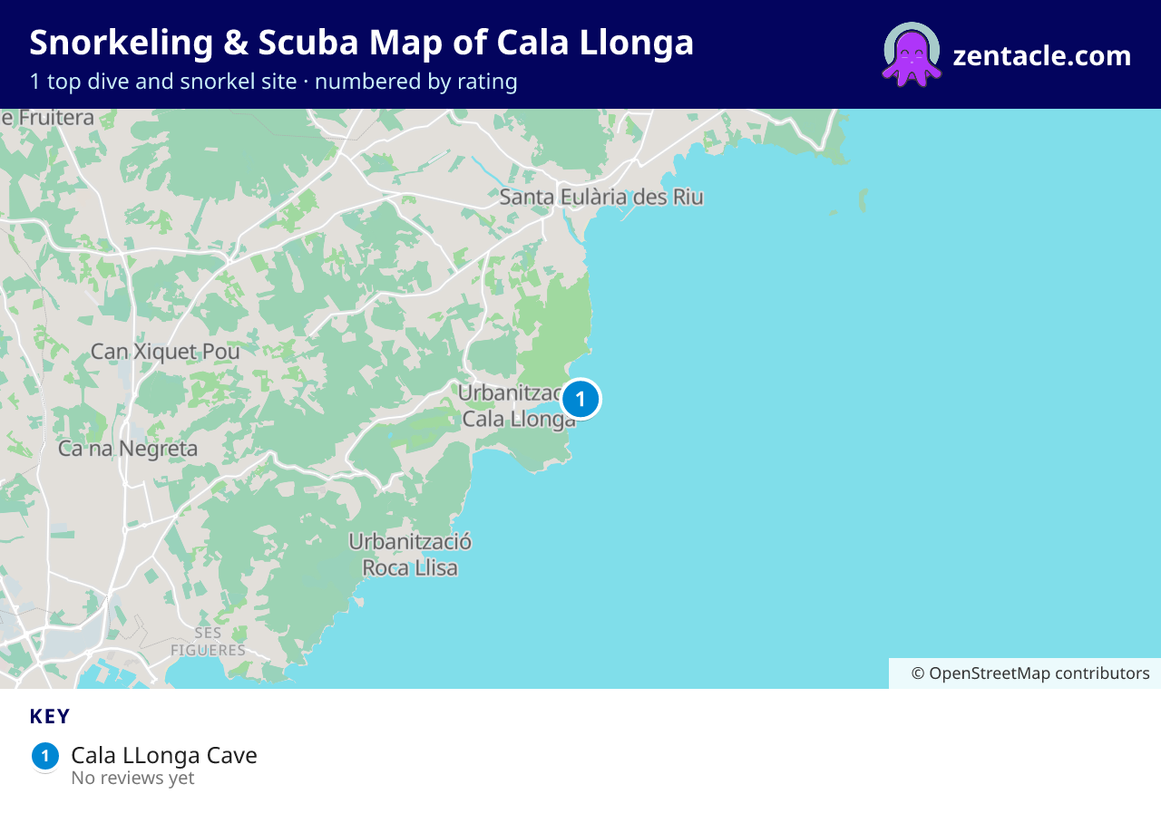 Snorkeling & Scuba Map of Cala Llonga: numbered map of the top 1 dive and snorkel sites, with ratings
