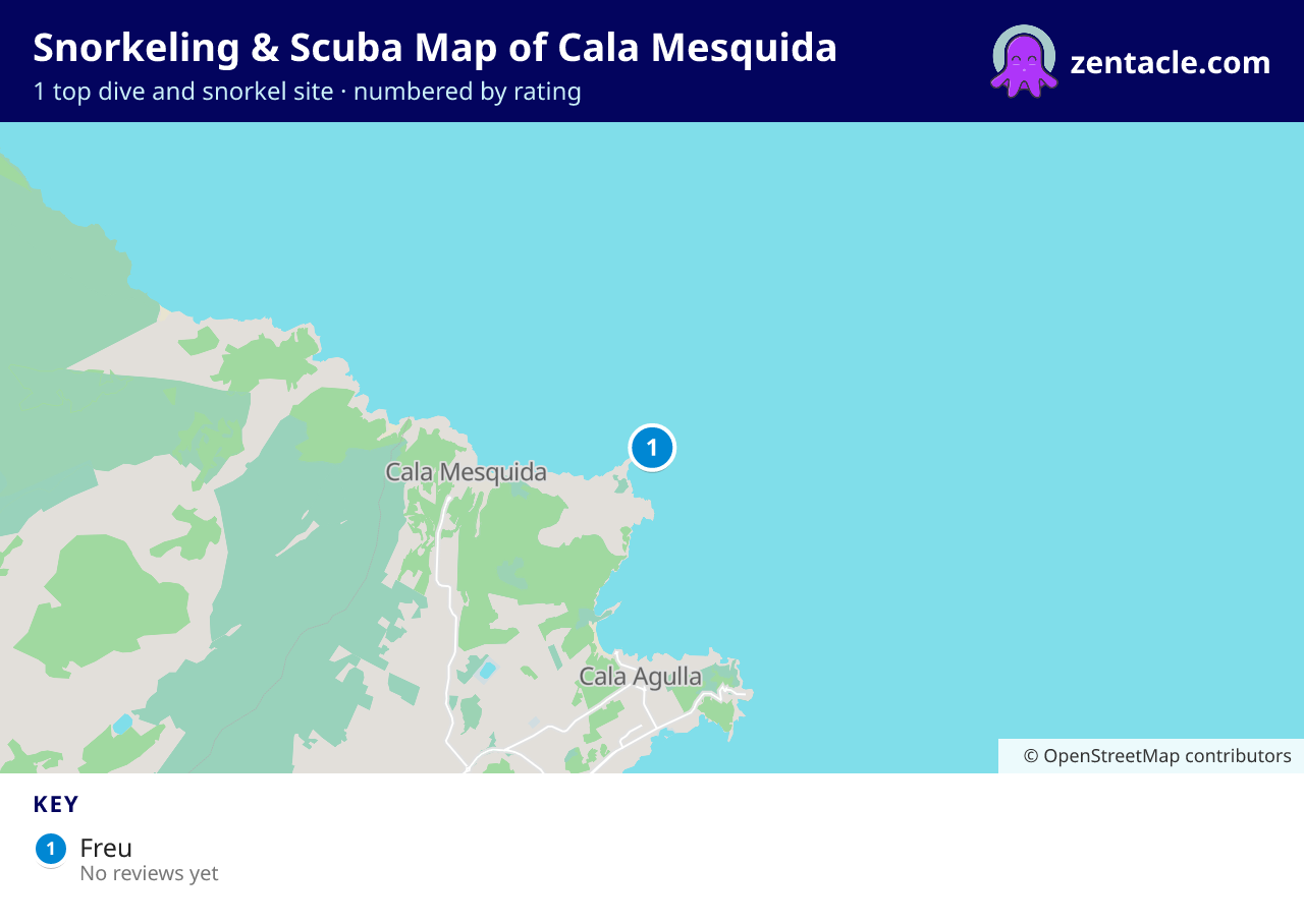 Snorkeling & Scuba Map of Cala Mesquida: numbered map of the top 1 dive and snorkel sites, with ratings
