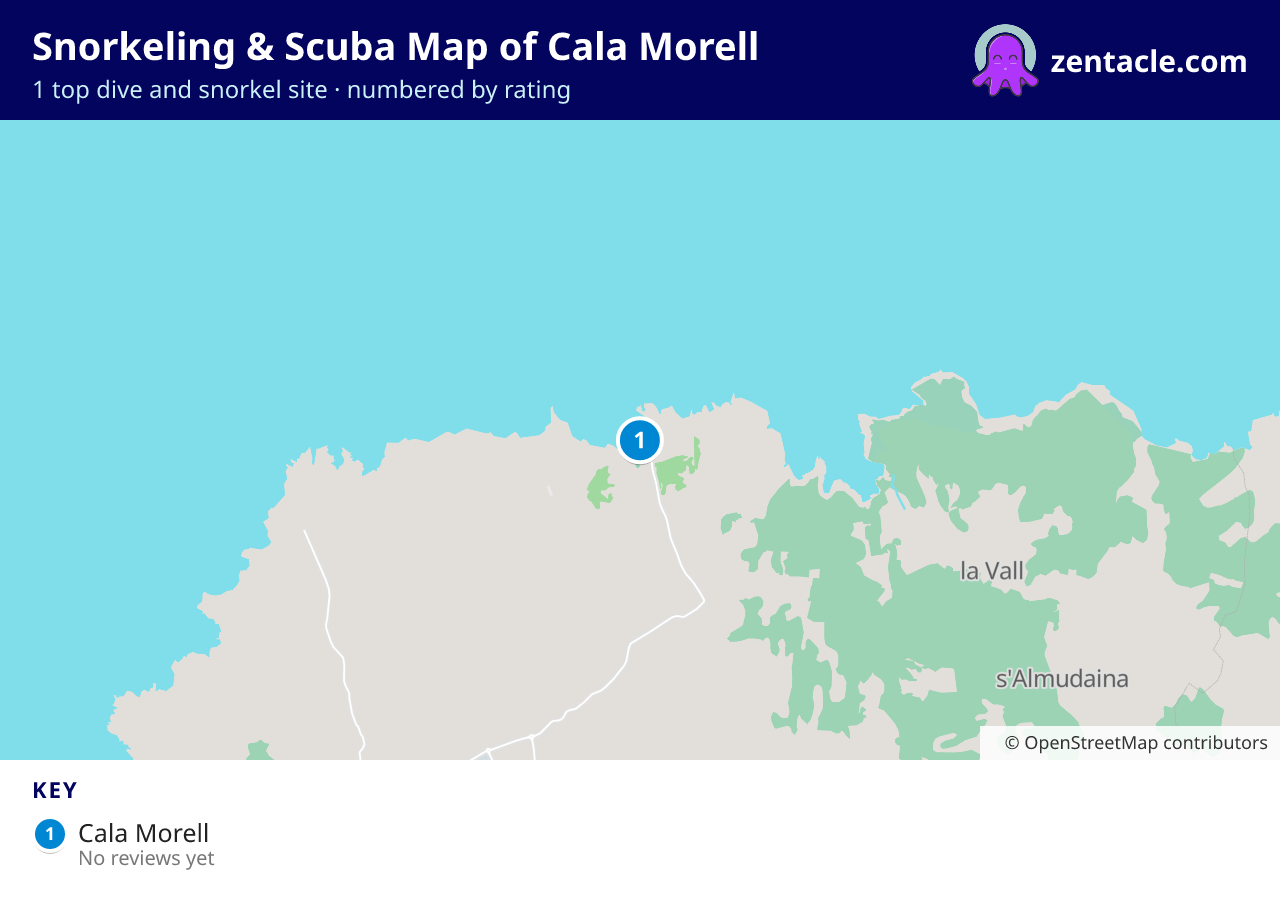 Snorkeling & Scuba Map of Cala Morell: numbered map of the top 1 dive and snorkel sites, with ratings