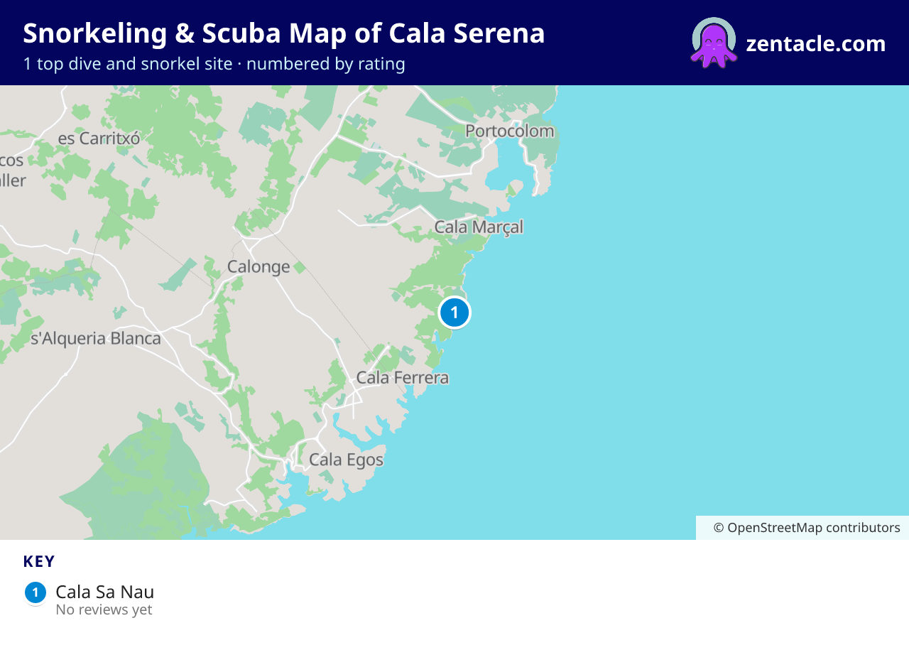 Snorkeling & Scuba Map of Cala Serena: numbered map of the top 1 dive and snorkel sites, with ratings