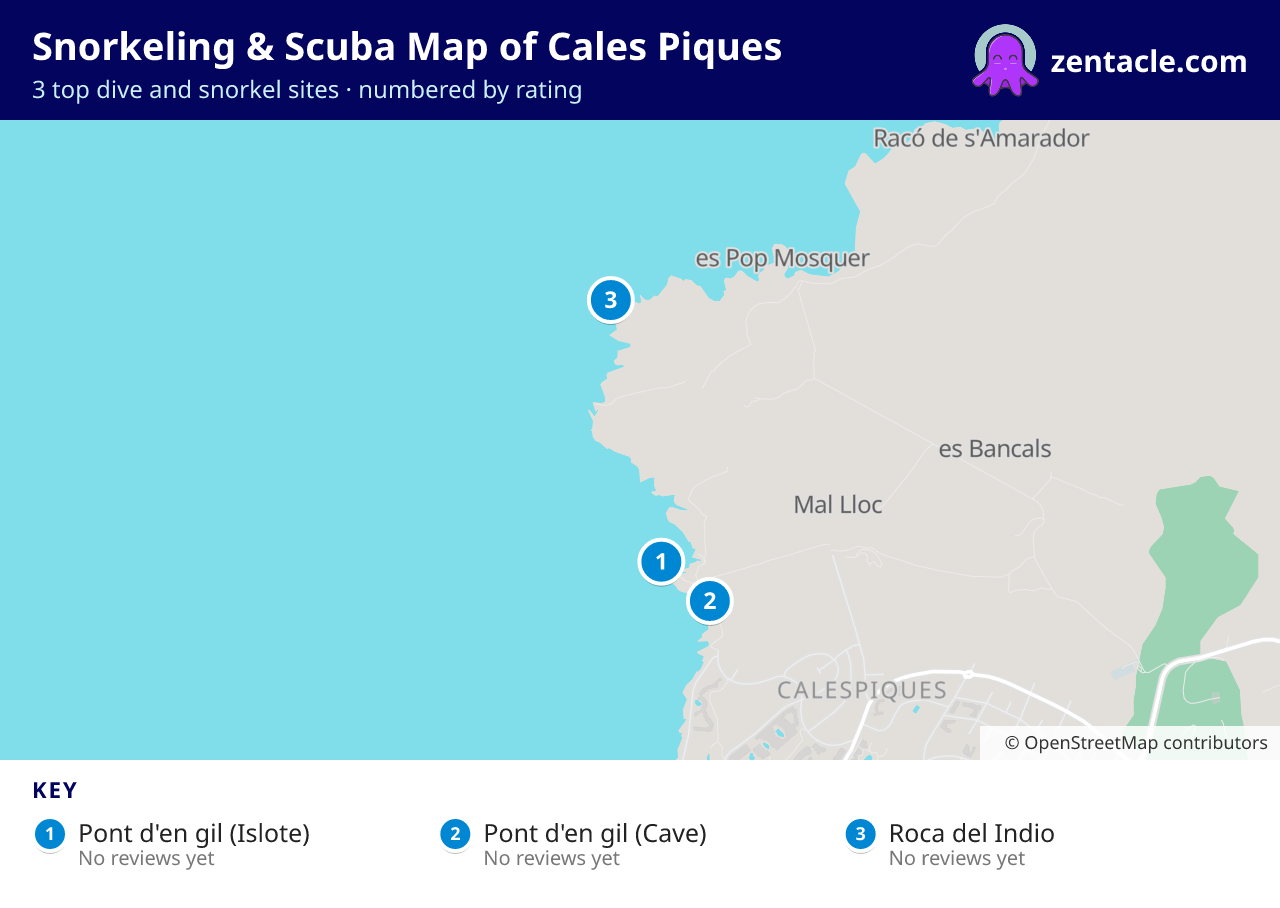 Snorkeling & Scuba Map of Cales Piques: numbered map of the top 3 dive and snorkel sites, with ratings
