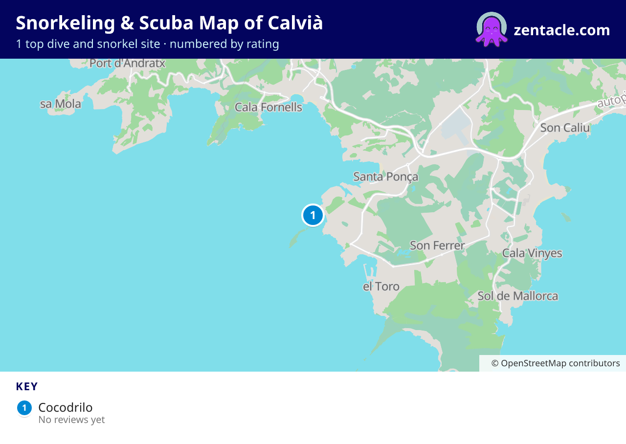 Snorkeling & Scuba Map of Calvià: numbered map of the top 1 dive and snorkel sites, with ratings