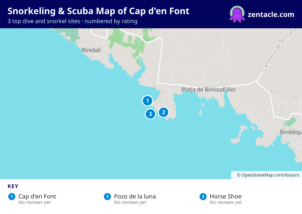Snorkeling & Scuba Map of Cap d'en Font: numbered map of the top 3 dive and snorkel sites, with ratings