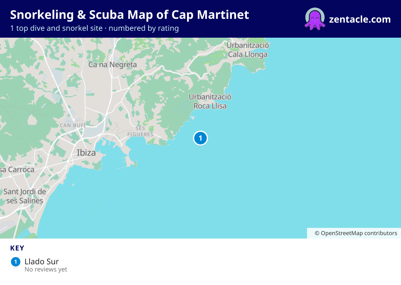Snorkeling & Scuba Map of Cap Martinet: numbered map of the top 1 dive and snorkel sites, with ratings