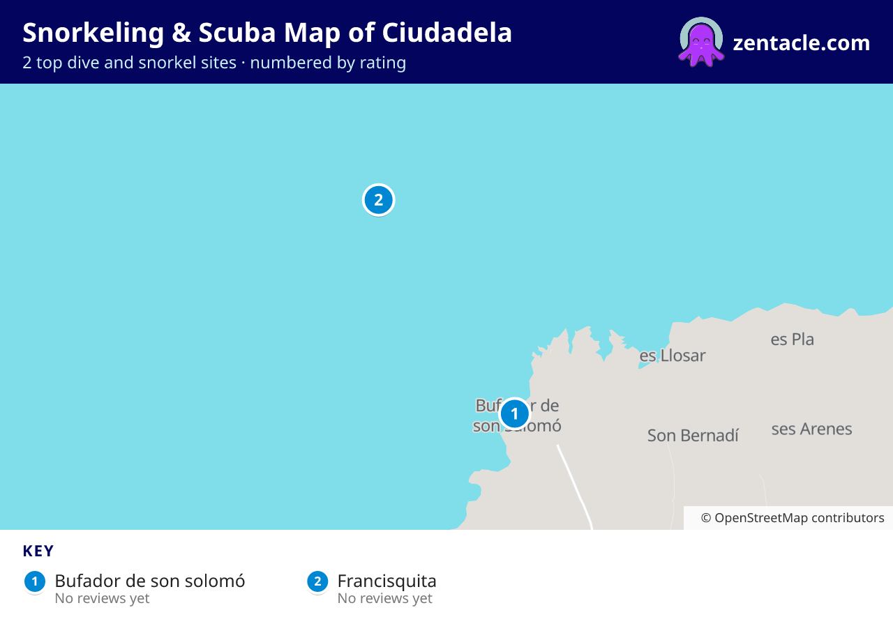 Snorkeling & Scuba Map of Ciudadela: numbered map of the top 2 dive and snorkel sites, with ratings
