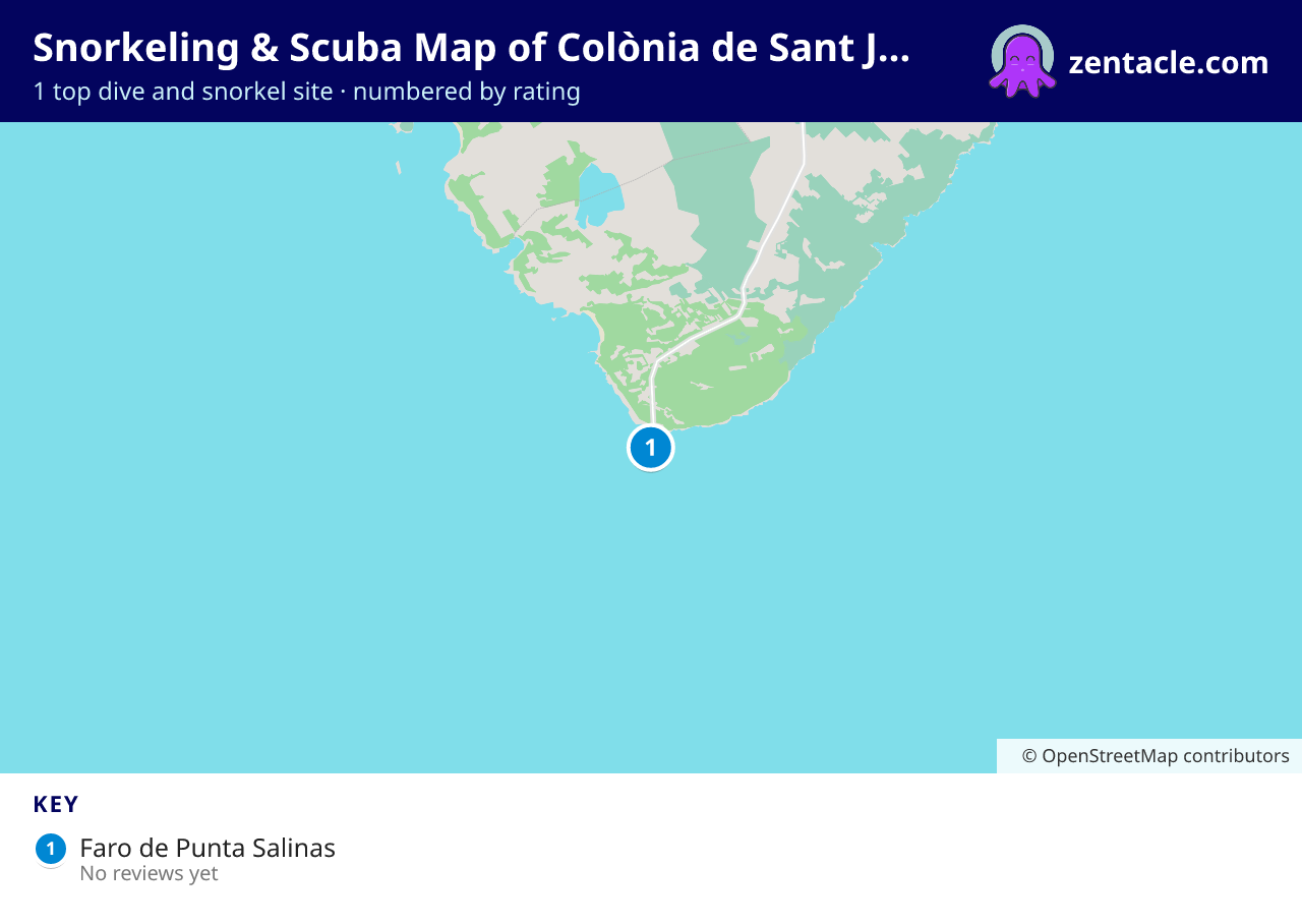 Snorkeling & Scuba Map of Colònia de Sant Jordi: numbered map of the top 1 dive and snorkel sites, with ratings