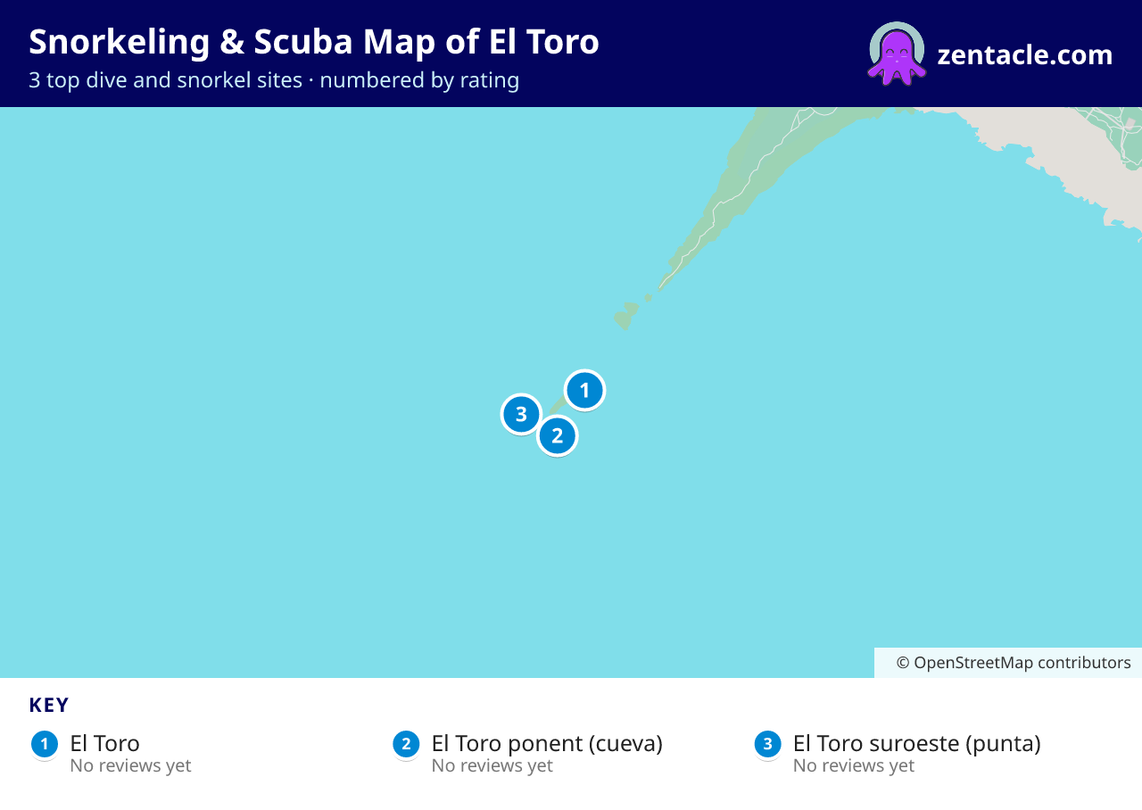 Snorkeling & Scuba Map of El Toro: numbered map of the top 3 dive and snorkel sites, with ratings