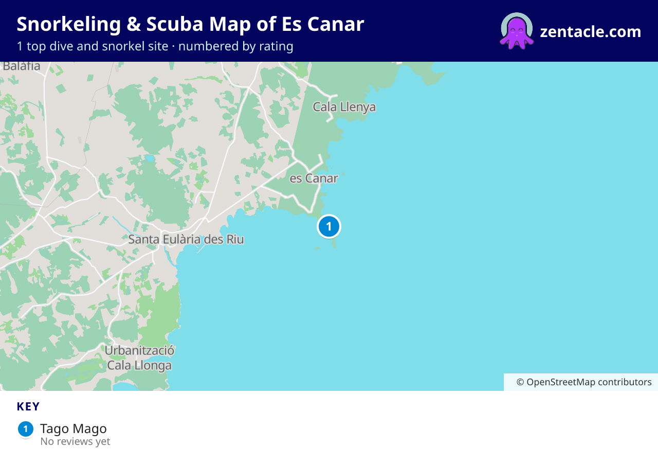 Snorkeling & Scuba Map of Es Canar: numbered map of the top 1 dive and snorkel sites, with ratings