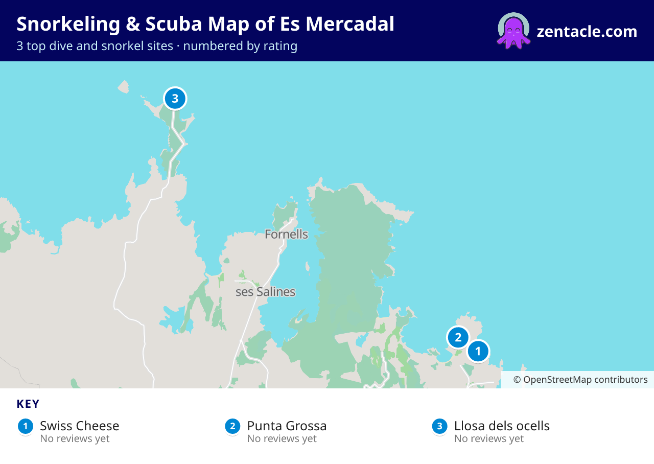 Snorkeling & Scuba Map of Es Mercadal: numbered map of the top 3 dive and snorkel sites, with ratings