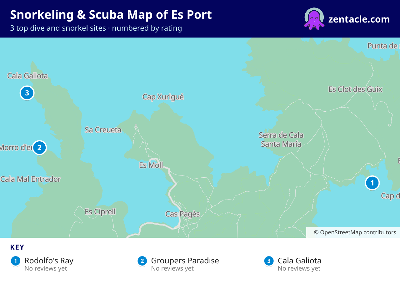 Snorkeling & Scuba Map of Es Port: numbered map of the top 3 dive and snorkel sites, with ratings