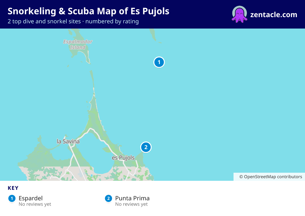 Snorkeling & Scuba Map of Es Pujols: numbered map of the top 2 dive and snorkel sites, with ratings