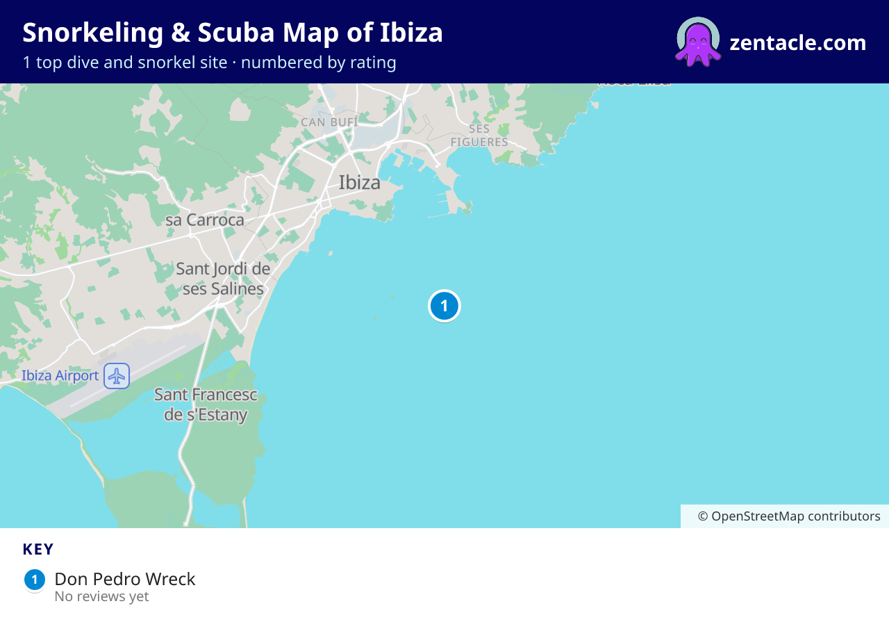 Snorkeling & Scuba Map of Ibiza: numbered map of the top 1 dive and snorkel sites, with ratings