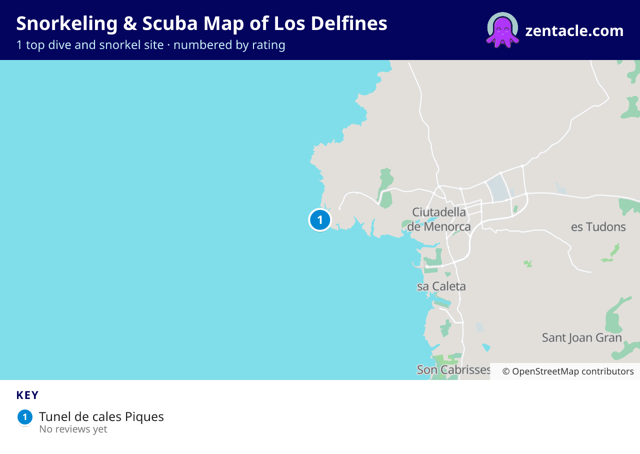 Snorkeling & Scuba Map of Los Delfines: numbered map of the top 1 dive and snorkel sites, with ratings