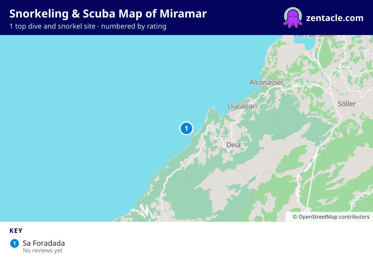 Snorkeling & Scuba Map of Miramar: numbered map of the top 1 dive and snorkel sites, with ratings