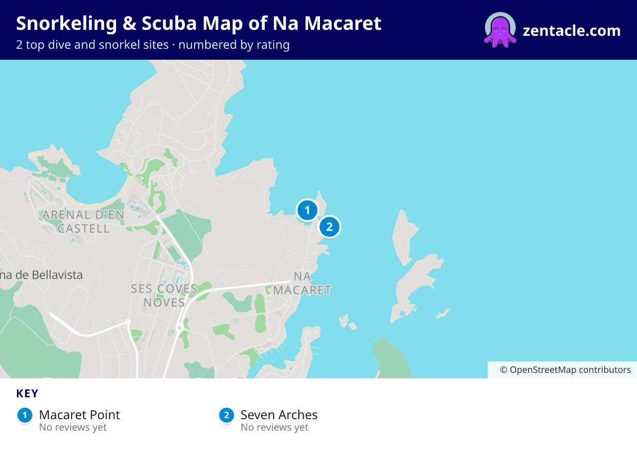 Snorkeling & Scuba Map of Na Macaret: numbered map of the top 2 dive and snorkel sites, with ratings
