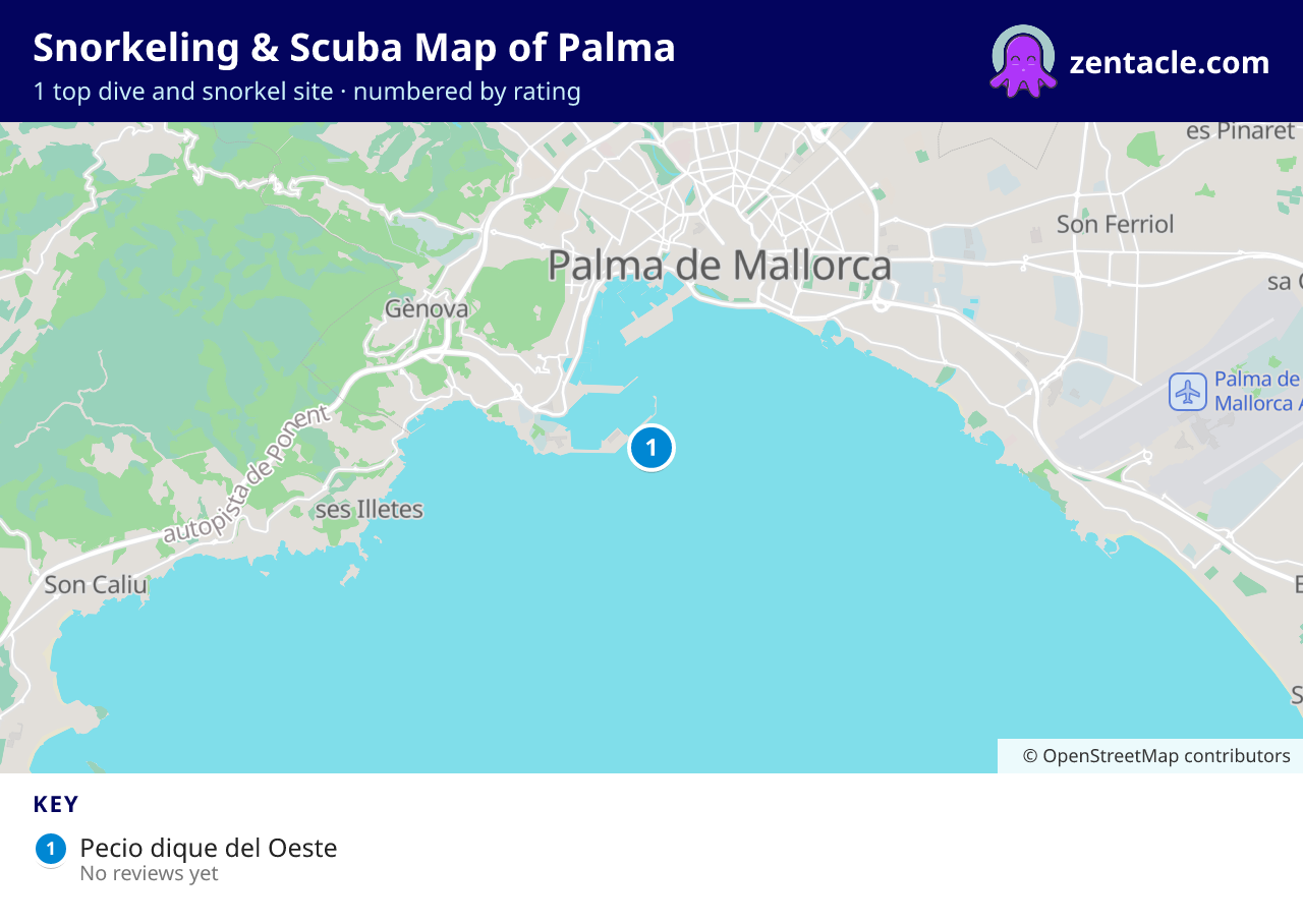 Snorkeling & Scuba Map of Palma: numbered map of the top 1 dive and snorkel sites, with ratings
