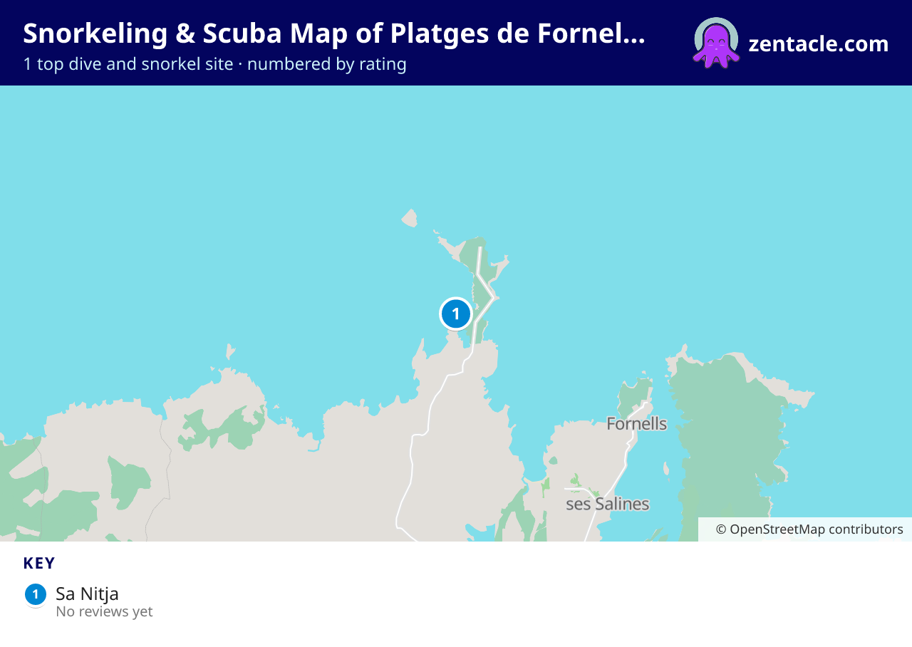 Snorkeling & Scuba Map of Platges de Fornells: numbered map of the top 1 dive and snorkel sites, with ratings
